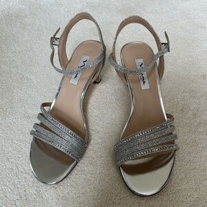 Nina Silver Rhinestone Kitten Heel Evening Sandals - Size 8-1/2M